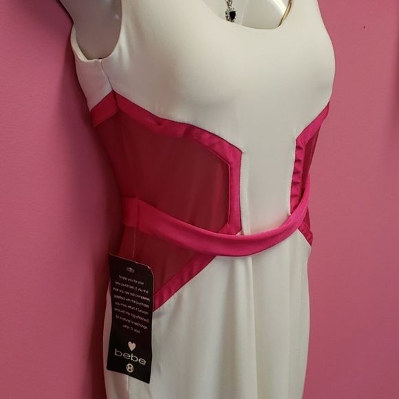 NWT ๐๐๐Bebe Neon Spandex Panel White Slim Dress Size S - Picture 8 of 16